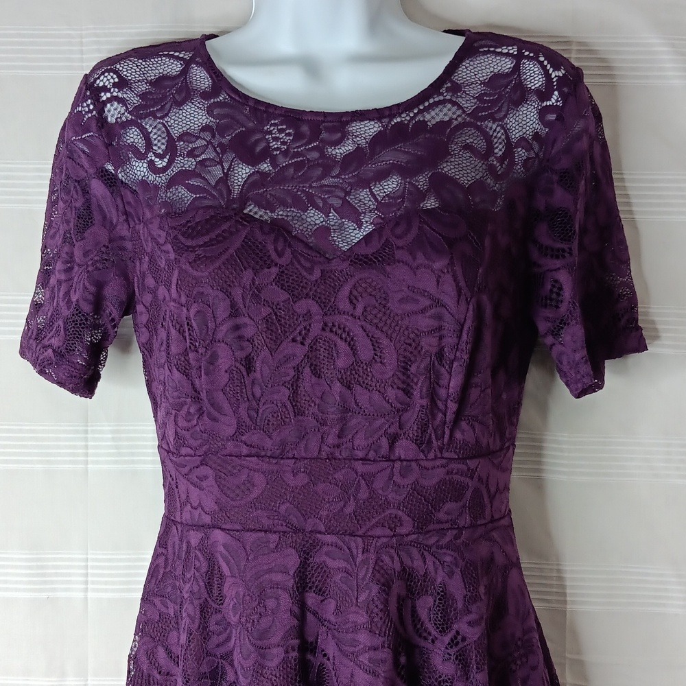 Aonour Purple Floral Lace Coquette Dress Size Small Lined Short Sleeves